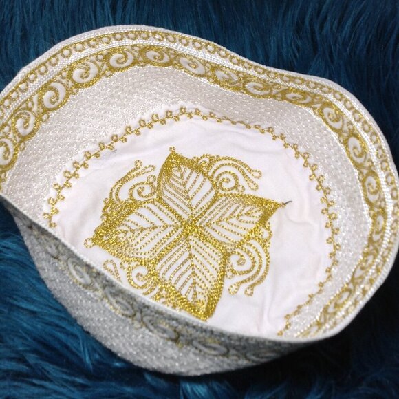 Middle Eastern Uzbek/Keffiyeh; White w/Gold; Traditional, Chic Turkish Hat - Picture 2 of 2